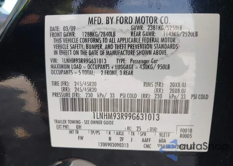 2009 Lincoln Mks from USA, damaged, VIN 1LNHM93R99G631013